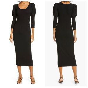 SMYTHE Juliet Puff Sleeve Knit Midi Dress in Black | SMALL